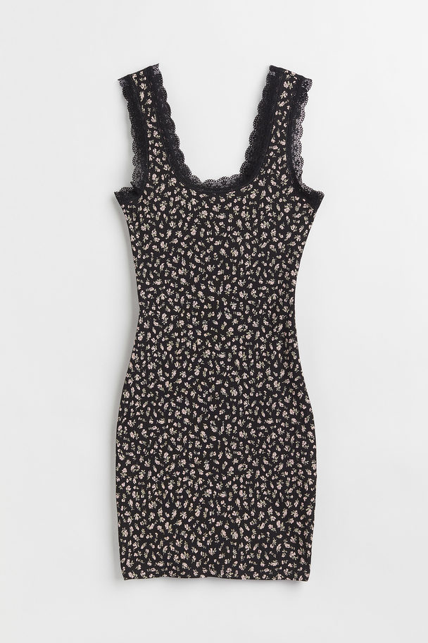 H&M Lace-trimmed Ribbed Dress Black/small Flowers