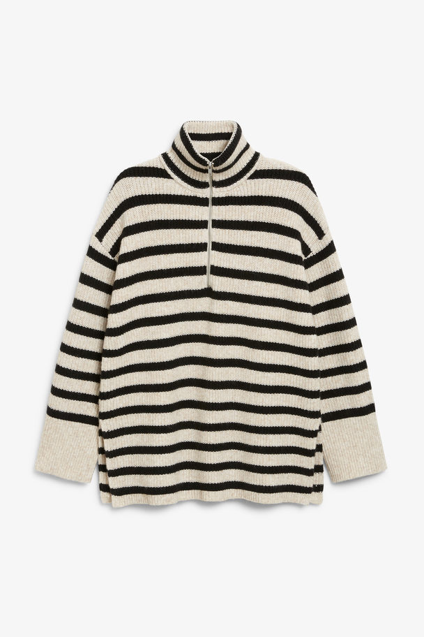 Monki Striped Oversized Half Zip Knit Sweater Beige Dusty Light