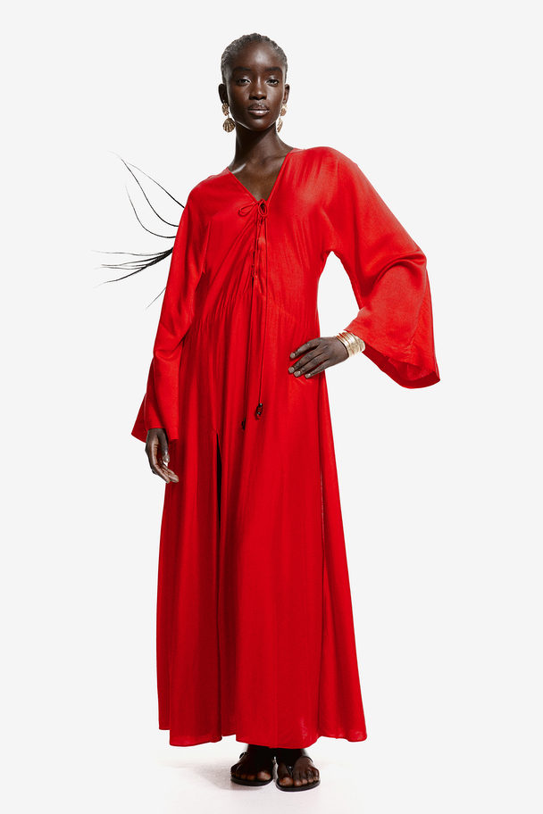 H&M Lace-up Kaftan Dress Bright Red