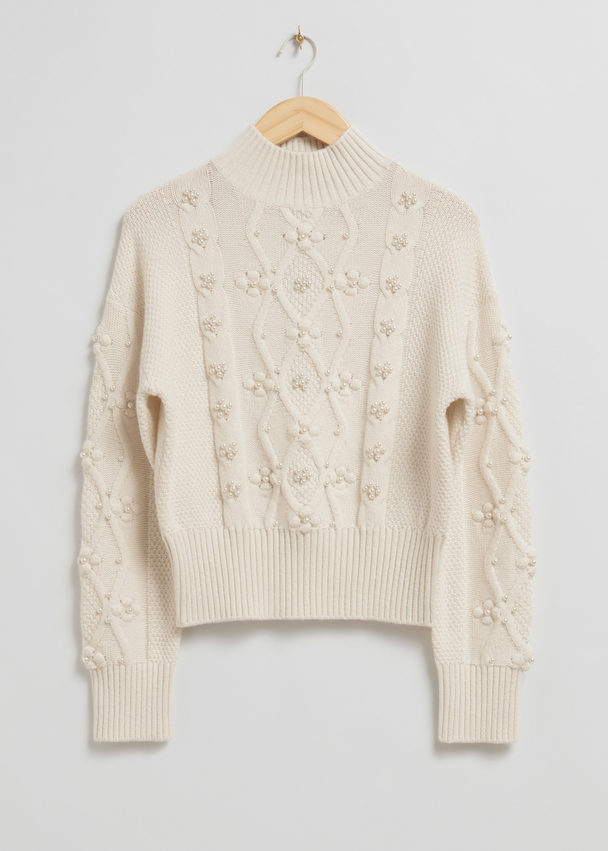 & Other Stories Pearl Bead Cable Knit Jumper Cream