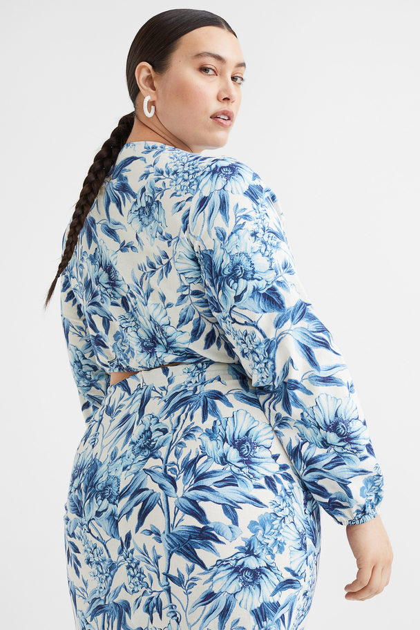 H&M H&m+ Cropped Linen-blend Blouse Blue/floral