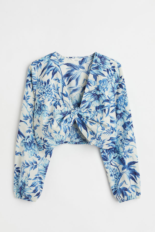 H&M H&m+ Cropped Linen-blend Blouse Blue/floral