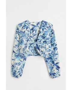 H&m+ Cropped Linen-blend Blouse Blue/floral