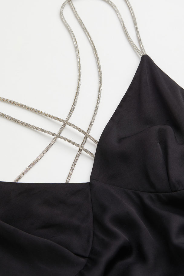 H&M Rhinestone-strap Satin Dress Black