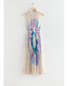 Pleated Printed Midi Dress Cream/blue/pink