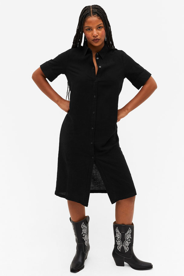 Monki Black Linen Blend Shirt Dress Black