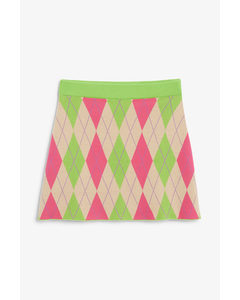 Instarsia Knit Mini-skirt Green And Pink Argyle