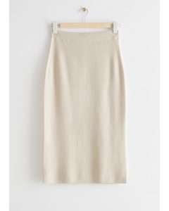 Fitted Knitted Pencil Midi Skirt Cream
