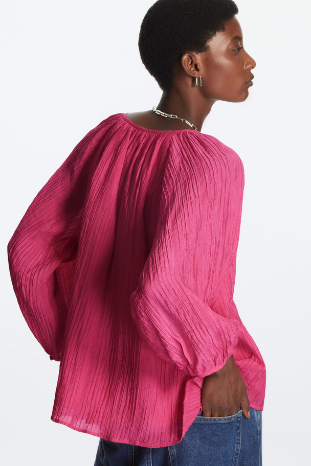 COS Puff-sleeve Seersucker Blouse Bright Pink