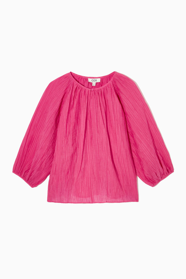 COS Puff-sleeve Seersucker Blouse Bright Pink
