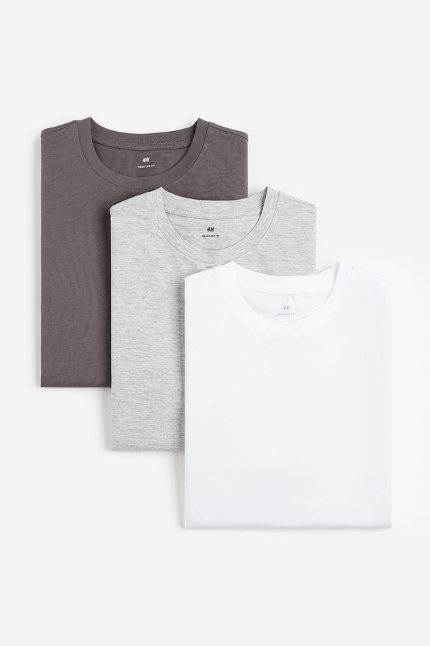 H&M Set Van 3 T-shirts - Regular Fit Donkertaupe/grijs Gemêleerd