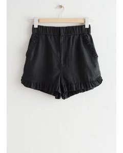 Frilled Linen Shorts Black