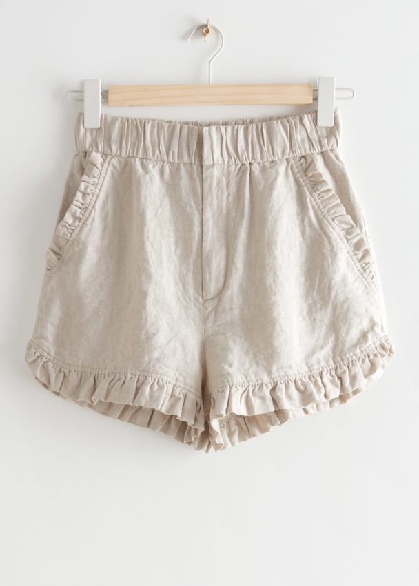 & Other Stories Frilled Linen Shorts Beige