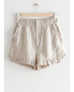 Frilled Linen Shorts Beige