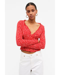 Fitted Cardigan Top Red & White Floral Print