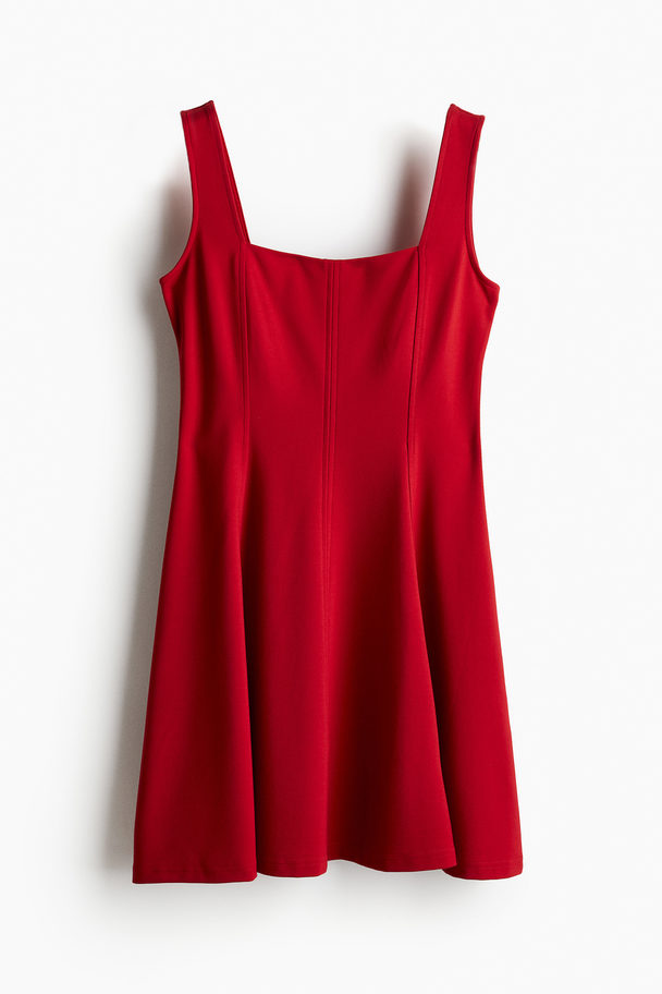 H&M Tricot Jurk Met Vierkante Hals Rood