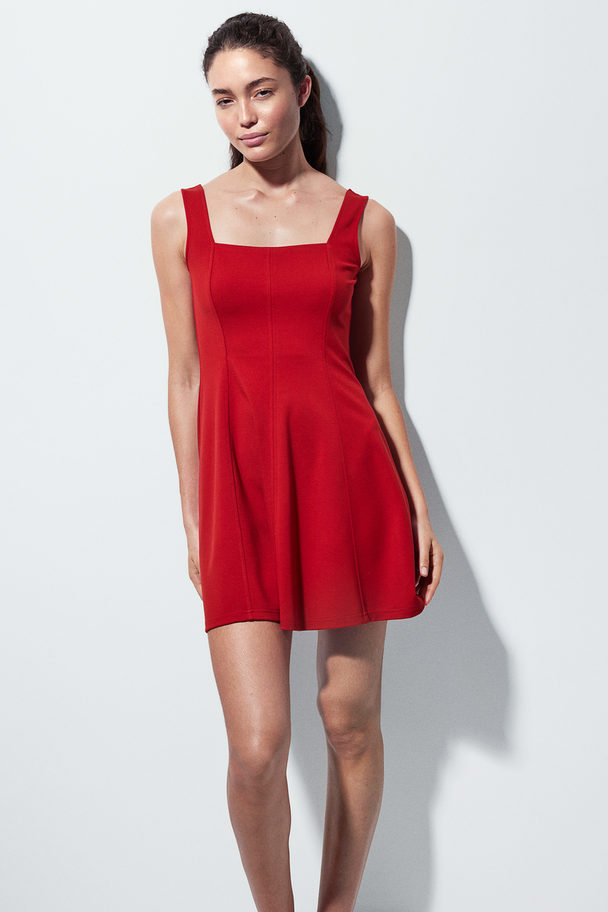 H&M Tricot Jurk Met Vierkante Hals Rood