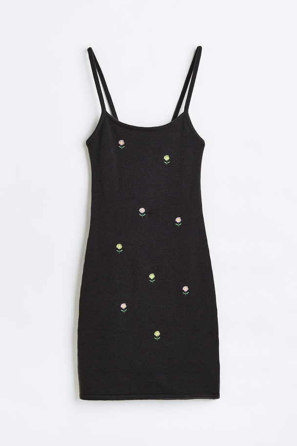 H&M Embroidered Knitted Dress Black/floral