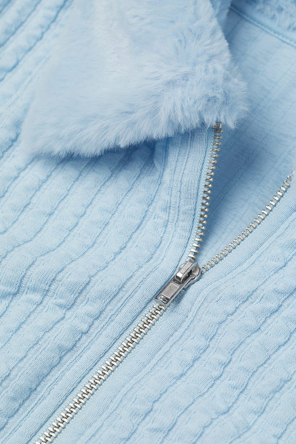 H&M H&m+ Faux Fur-collar Cardigan Light Blue