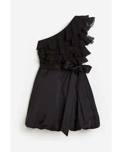 Flounced One-shoulder Dress Black