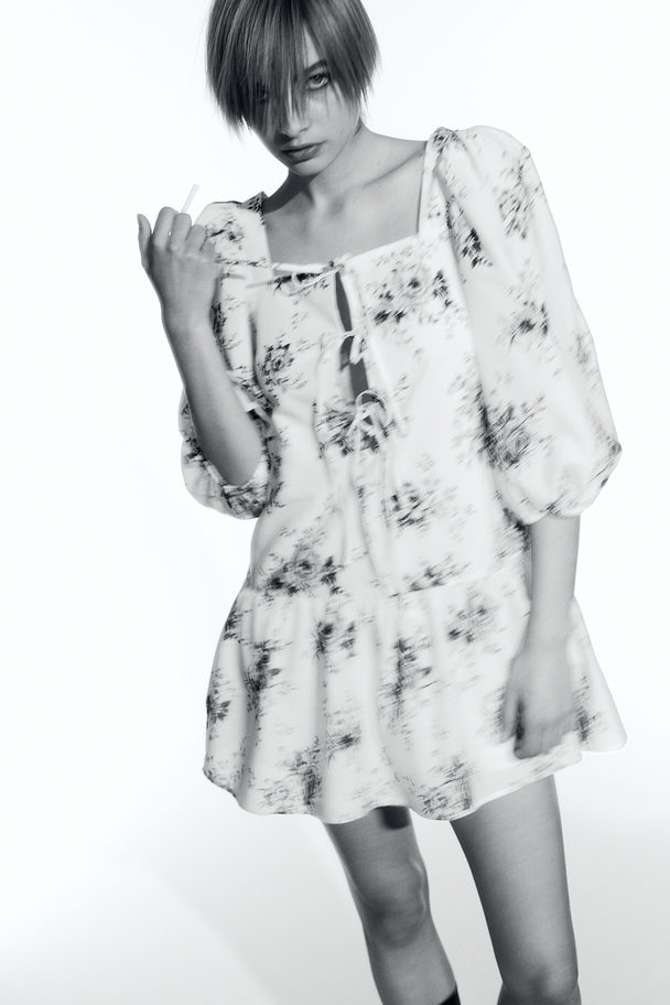 H&M Puff-sleeved Poplin Dress White/floral