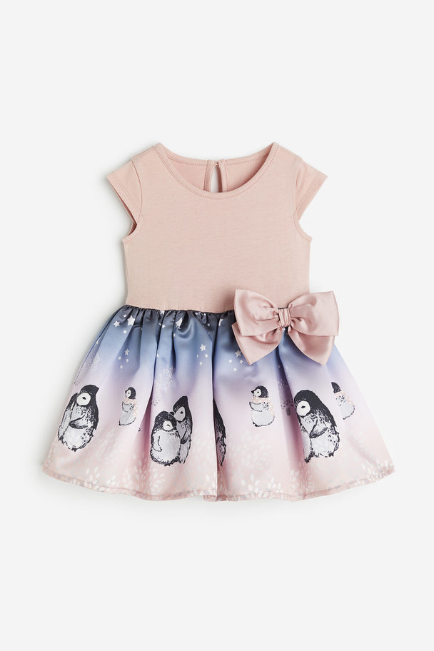 H&M Bow-detail Printed Dress Dusty Pink/penguins