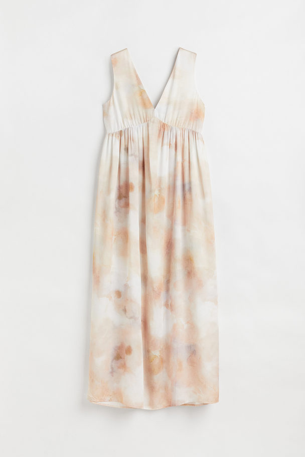 H&M Langes Kleid mit V-Ausschnitt Weiß/Gemustert