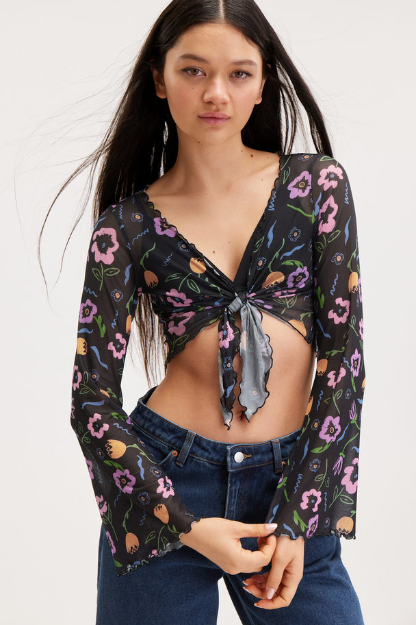 Monki Flower Print Cropped Tie Front Top Colourful Flowers