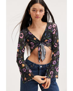 Flower Print Cropped Tie Front Top Colourful Flowers