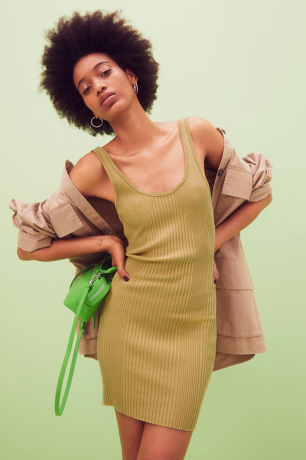 H&M Rib-knit Bodycon Dress Olive Green