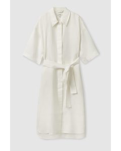 Belted Linen Shirt Dress White