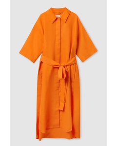 Belted Linen Shirt Dress Orange
