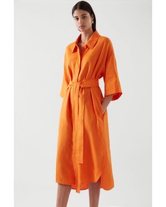 Belted Linen Shirt Dress Orange