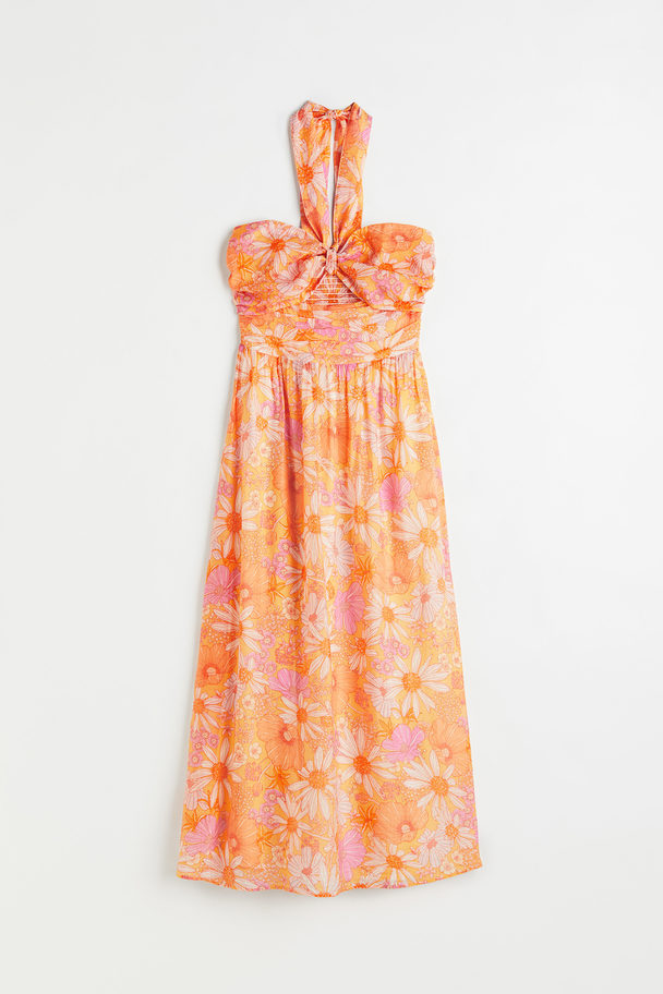 H&M Lång Halterneck-klänning Orange/blommig