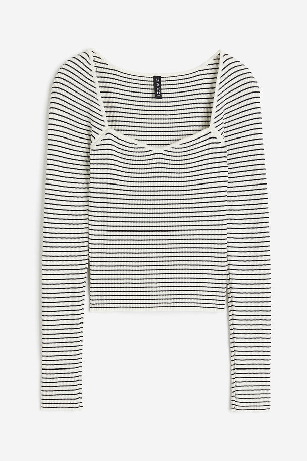 H&M Rib-knit Sweetheart-neck Top White/striped