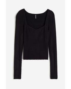 Rib-knit Sweetheart-neck Top Black