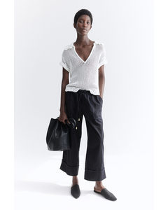 Wide Linen-blend Trousers Black