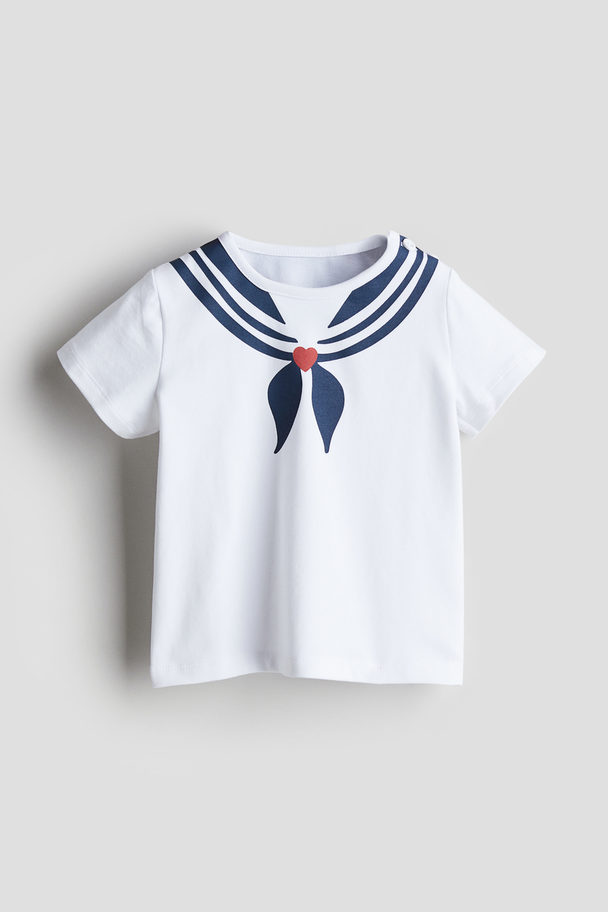H&M Printed Cotton T-shirt White/sailor
