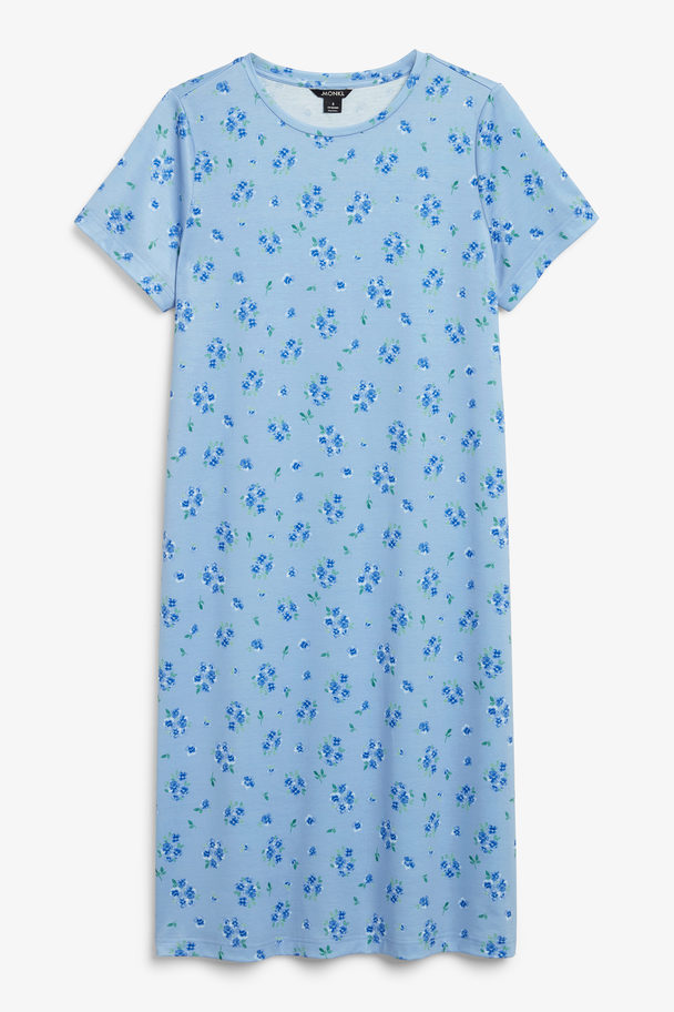 Monki Blauw Gebloemde Midi-jurk Met Korte Mouw Stoffige Blauwe Bloemen