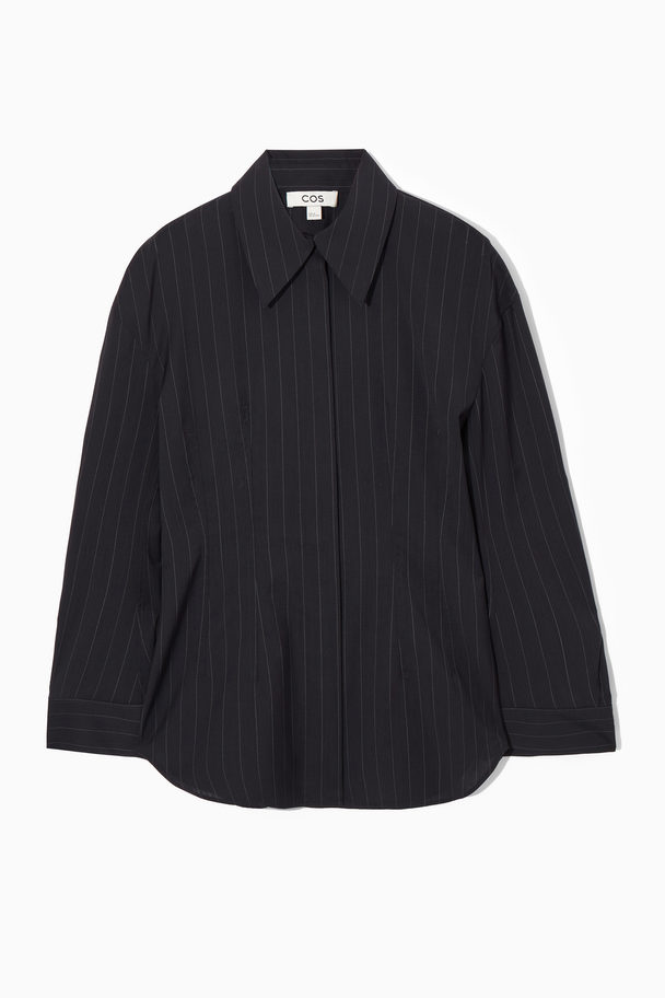 COS Waisted Wool Shirt Navy / Pinstriped