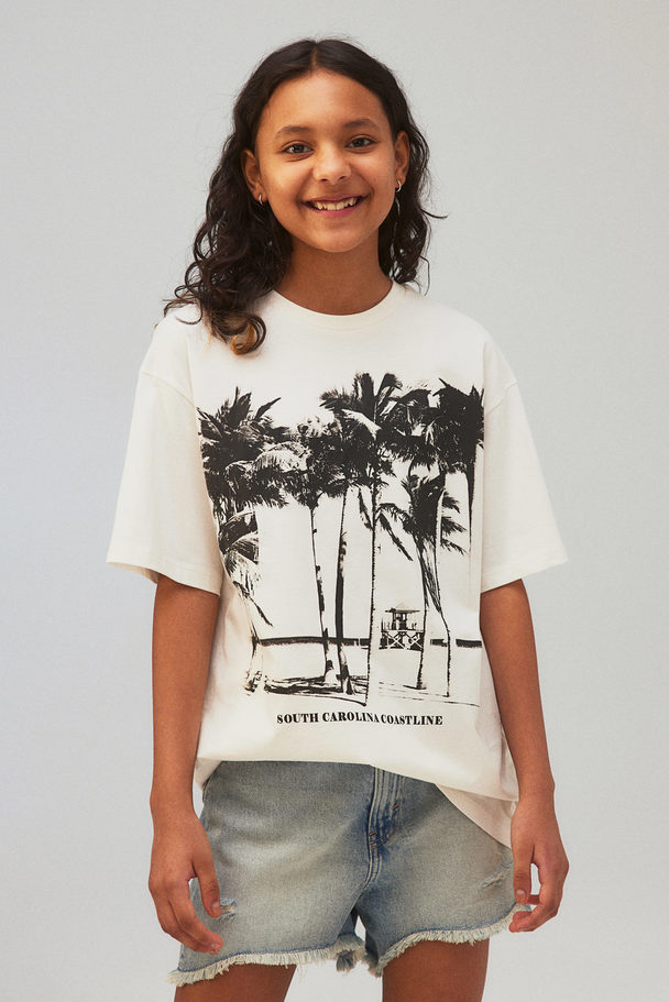 H&M Oversized Printed T-shirt White/palm Trees