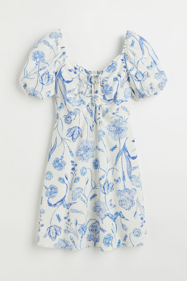 H&M Kleid mit Puffärmeln Naturweiß/Geblümt