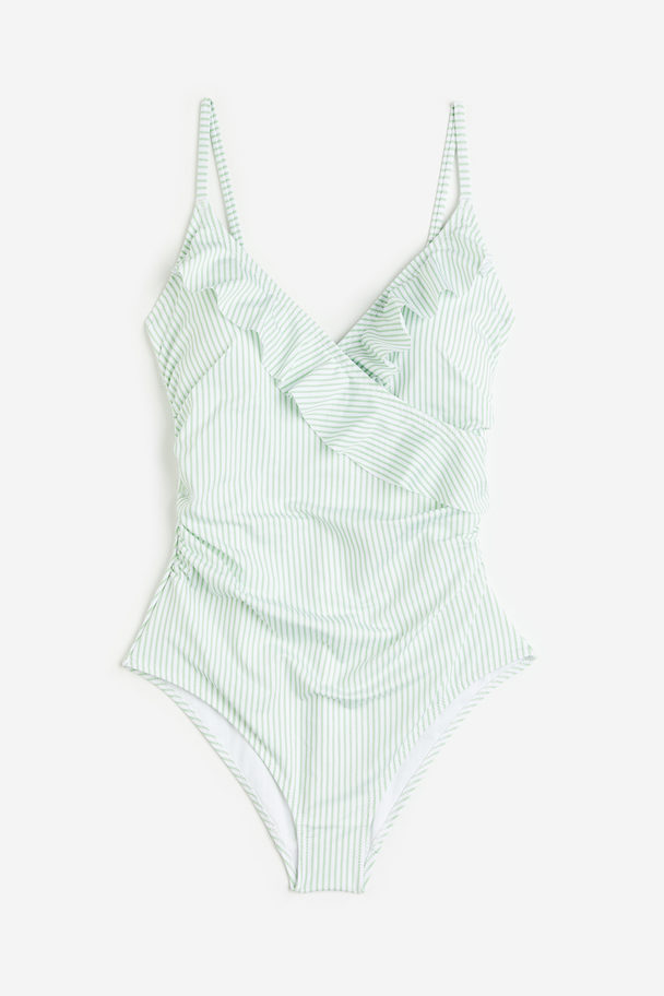 H&M Flounced Shaping Swimsuit White/green Striped
