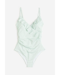 Flounced Shaping Swimsuit White/green Striped