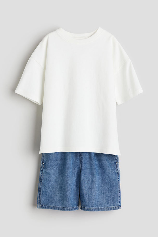 H&M 2-delat Set Med T-shirt Och Shorts Vit/denimblå