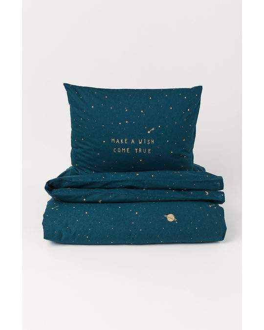 H&M HOME Cotton Duvet Cover Set Dark Turquoise/stars