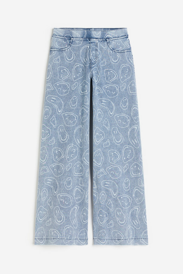 H&M Wide Printed Trousers Light Denim Blue/smileyworld®