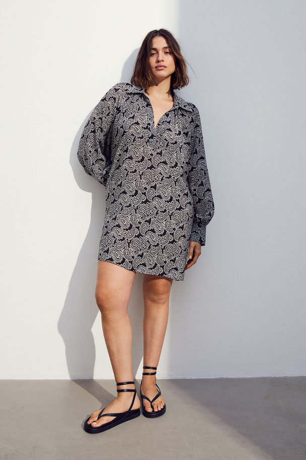 H&M Balloon-sleeved Tunic Dress Black/paisley-patterned