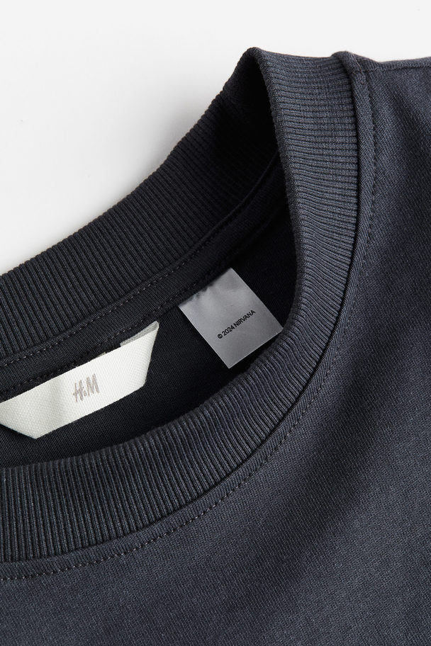 H&M Long Printed T-shirt Dark Grey/nirvana