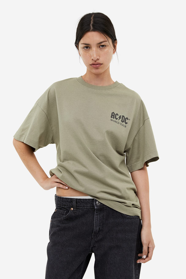H&M Long Printed T-shirt Khaki Green/ac/dc